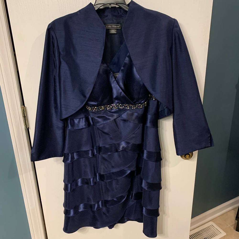 Navy knee length cocktail dress with cropped coat